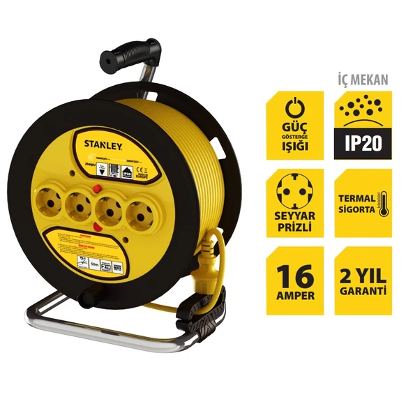 Stanley ST-E-5015 Makaralı Kablo 50 Mt, 3x1.5mm, 4 Prizli, IP20 - 3