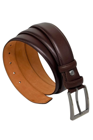 Koyu Kahverengi Hakiki Deri Düz Renk Dikişli Model 3.5 cm. Genişlikli Klasik Kemer - 219-DKSL - Resim 2