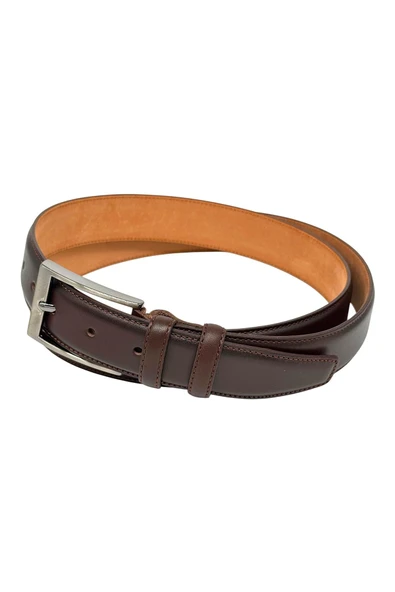 Koyu Kahverengi Hakiki Deri Düz Renk Dikişli Model 3.5 cm. Genişlikli Klasik Kemer - 219-DKSL - Resim 4