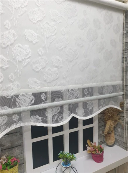Çift Mekanizmalı Kirli Beyaz Tül Perde ve Ekru Stor Perde STB1093  Beyaz 160 x 200