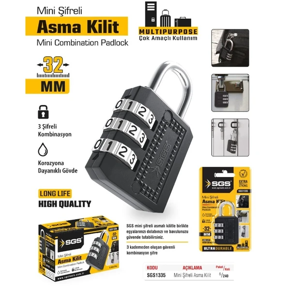 SGS 1335 ŞİFRELİ ASMA KİLİT 32 MM - 3