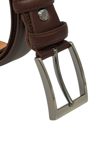 Koyu Kahverengi Hakiki Deri Düz Renk Dikişli Model 3.5 cm. Genişlikli Klasik Kemer - 219-DKSL - Resim 5