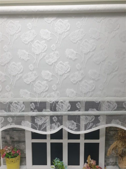 StorBurada Çift Mekanizmalı Kirli Beyaz Tül Perde ve Ekru Stor Perde STB1093  Beyaz 130 x 260 - Resim 2