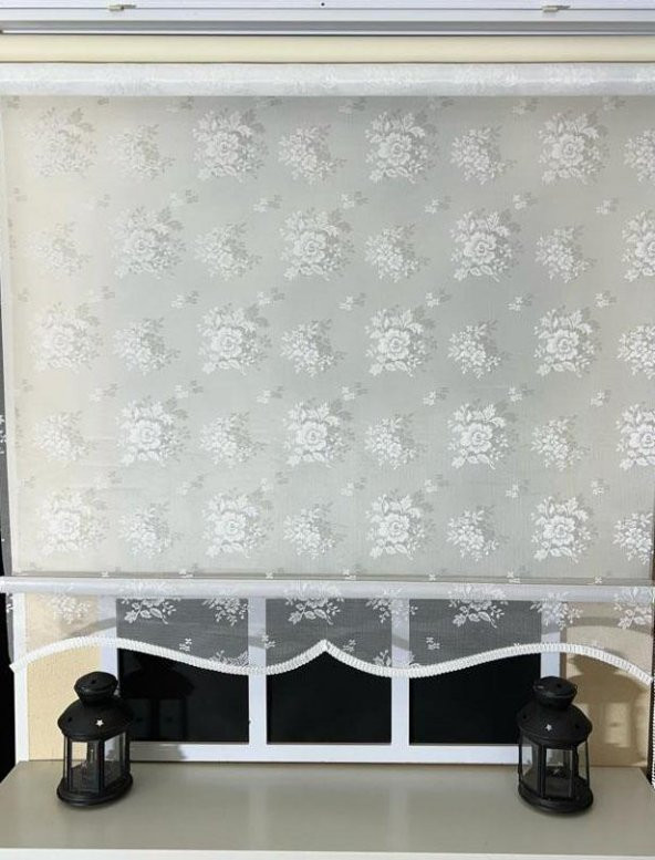Çift Mekanizmalı Kırık Beyaz Tül Perde ve Ekru Stor Perde STB45253-V01  EKRU 130 x 200