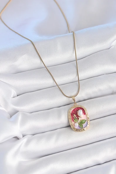 Gold Renk Zincir Mix Renk İncili Çiçek İşlemeli Portre Model Kadın Kolye - EBJ250519W33939 - Resim 2