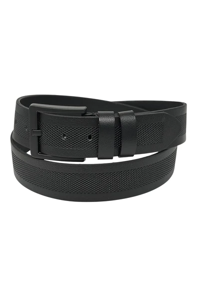 Siyah Hakiki Deri Ortası Hasır Desenli Model 4.5 cm. Genişlikli Spor Kemer - 500-33 - Resim 4