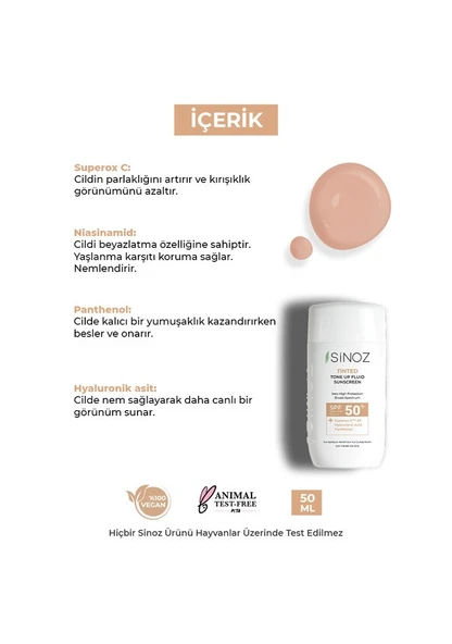 Sinoz Tinted Ton Eşitleyici Sıvı Yüz Güneş Kremi SPF50+ 50 MLSinoz Tinted Ton Eşitleyici Sıvı Yüz Güneş Kremi SPF50+ 50 ML - 3