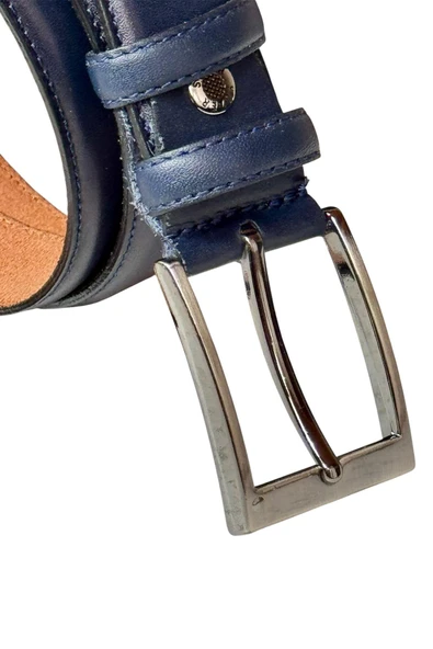 Lacivert Hakiki Deri Düz Renk Dikişli Model 3.5 cm. Genişlikli Klasik Kemer - 205-DKSL - Resim 5