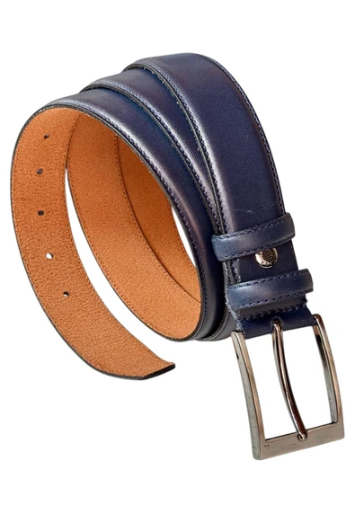 Lacivert Hakiki Deri Düz Renk Dikişli Model 3.5 cm. Genişlikli Klasik Kemer - 205-DKSL - Resim 2