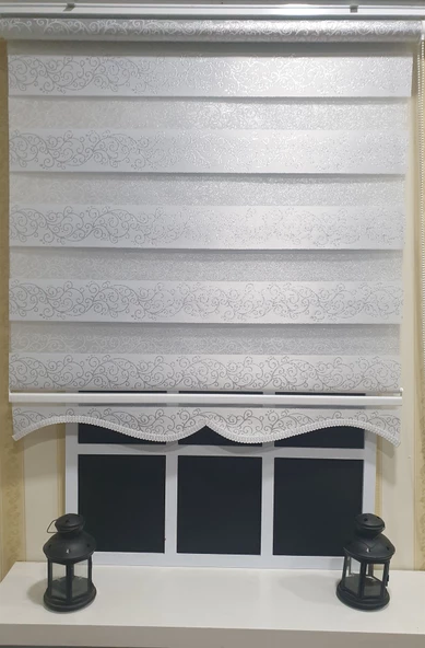 StorBurada Zebra Stor Perde Sarmaşık Desen Gümüş Simli  Etek Dilimli STB9300 V 01  Beyaz 160 x 260 - Resim 4