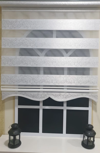 StorBurada Zebra Stor Perde Sarmaşık Desen Gümüş Simli  Etek Dilimli STB9300 V 01  Beyaz 110 x 200 - Resim 3