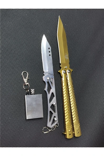 Alsepeteavm 21cm Gold Renk Kelebek ve 17cm Manuel Paslanmaz Çelik Çakı Seti