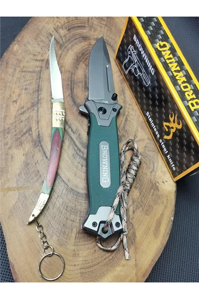 Alsepeteavm Kamp Outdoor 21 cm Yeşil İpli Browning Avcı Çakısı ve Kılçık Çakı Seti
