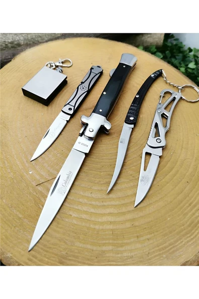 Alsepeteavm Columbia 23 cm orjinal manuel çelik bıçak yanında 3 adet cep çakısı ve zippo kibrit ile birlikte