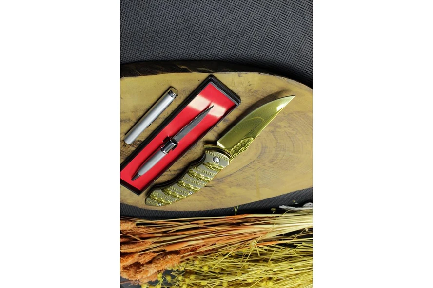 Alsepeteavm 21 cm Gold Renk Kamp Çakısı ve Gizli Kalem Bıçak Set