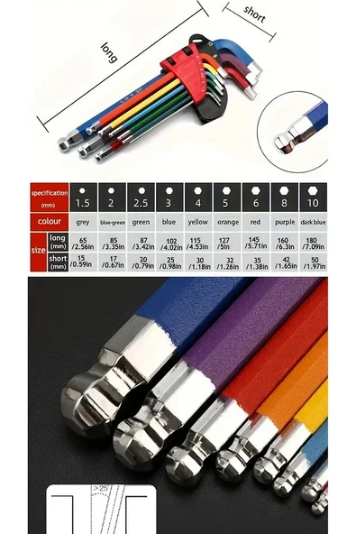9 adet Uzun Saplı Altıgen Allen Alyan Anahtar Seti - Çok Boyutlu (1.5mm ile 10mm) tamir anahtarı - 2