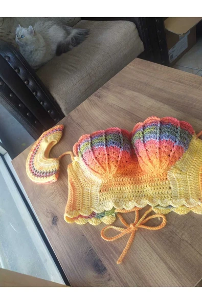 MAM Handmade Renkli Kol Detaylı Büstiyer Crop Top - 7