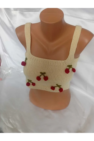 MAMSHOP Crop Top Büstiyer Açık Sarı Kiraz Desenli Handmade