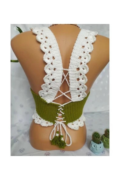 MAMSHOP CROP TOP BÜSTİYER ZEYTİN YEŞİLİ BEYAZ RENK HANDMADE - 4