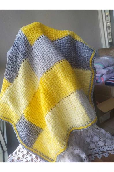 MAM Sarı Gri Renk Bloklu Kadife Bebek Battaniyesi Handmade