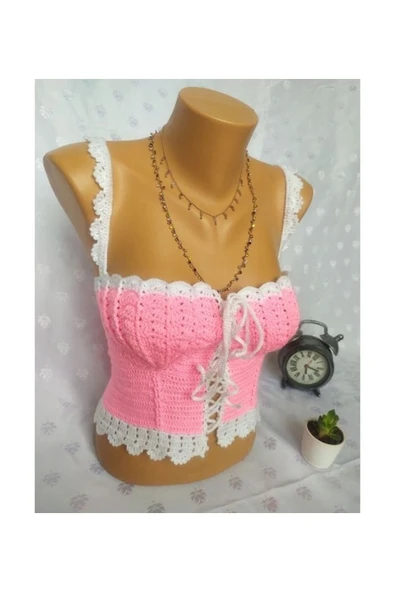 MAMSHOP CROP TOP BÜSTİYER ŞEKER PEMBE BEYAZ RENK HANDMADE