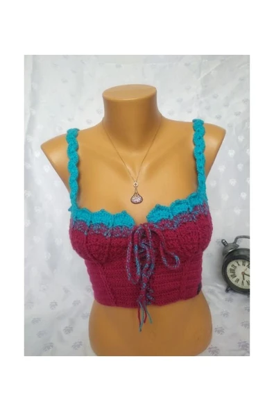 MAMSHOP CROP TOP BÜSTİYER VİŞNE -MAVİ RENK HANDMADE - 2