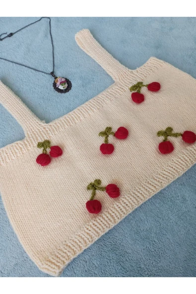 MAMSHOP Crop Top Büstiyer Açık Sarı Kiraz Desenli Handmade - 7
