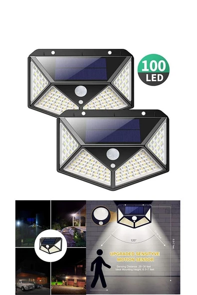 2 Adet Solar Güneş Enerjili Hareket Sensörlü Duvar Lambası Bahçe Lambası 100 Ledli Su Geçirmez