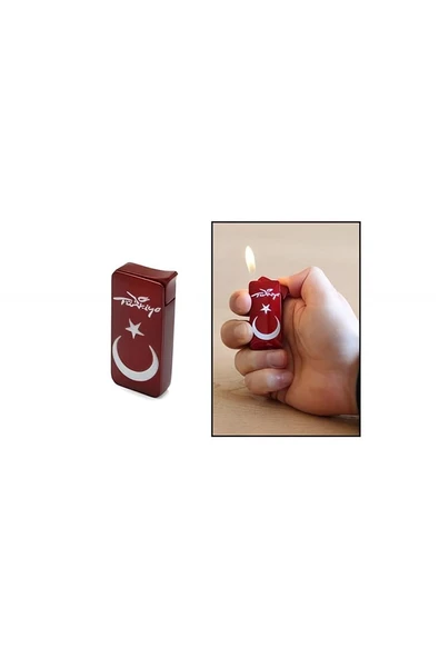 Alsepeteavm Kişiye Özel AY YILDIZ TEMALI KIRMIZI-BEYAZ RENK MANYOTORLU METAL ÇAKMAK