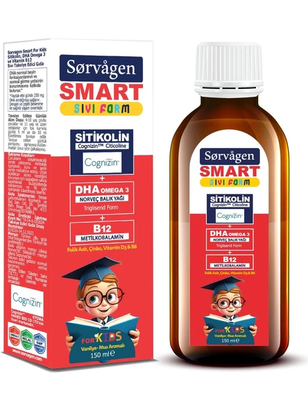 Sorvagen Smart Kids Sıvı Form - Sitikolin Dha Omega 3 Norveç Balık Yağı Ve B12 - 150 Ml