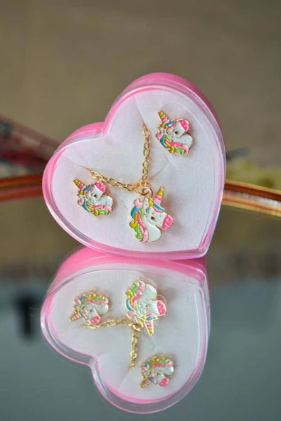 Kız Çocuk Kolye ve Küpe Seti 1 Adet – Kalpli Plastik Kutuda (Karışık Desen) - 5