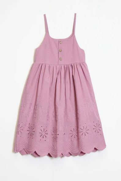 Kız Çocuk Fiyok Detaylı Askılı Kolu Dokuma Elbise 6-10 Yaş 12249 - 2