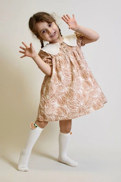 Kız Çocuk Müslin Kumaş Dantel Yakalı Elbise 2-7 Yaş 12245