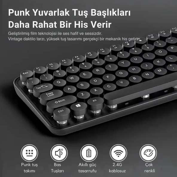 Coofbe 105 Retro Tuşlu 2.4Gh Kablosuz Bluetooth Klavye Mouse Seti Retro Kablosuz Klavye Mouse Set - 3