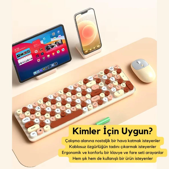 Coofbe 105 Retro Tuşlu 2.4Gh Kablosuz Bluetooth Klavye Mouse Seti Retro Kablosuz Klavye Mouse Set - 4