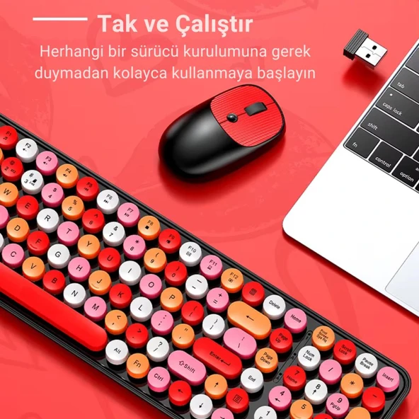 Coofbe 105 Retro Tuşlu 2.4Gh Kablosuz Bluetooth Klavye Mouse Seti Retro Kablosuz Klavye Mouse Set - 11