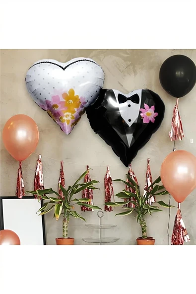 Gelin  Damat Desenli Kalp Folyo Balon 18"