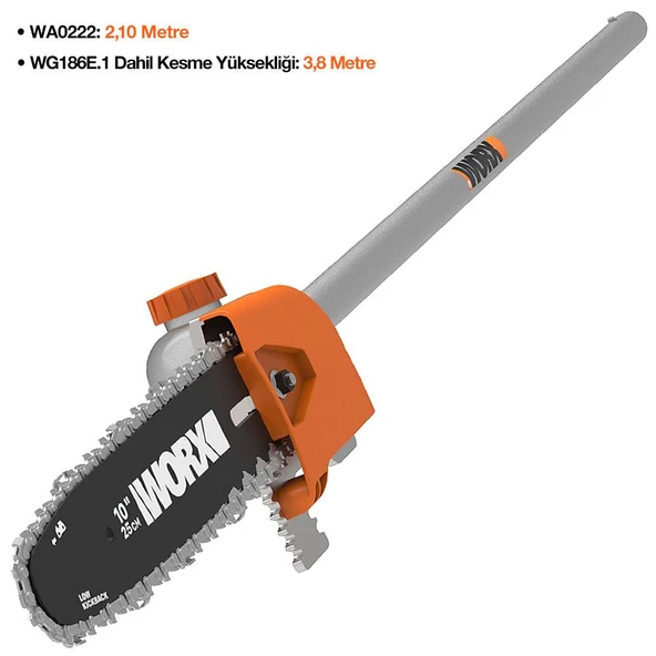 WORX WA0222 WG186E.1 ile Uyumlu 25CM Teleskobik Uzatmalı Zincirli Dal Budama Başlığı - 3
