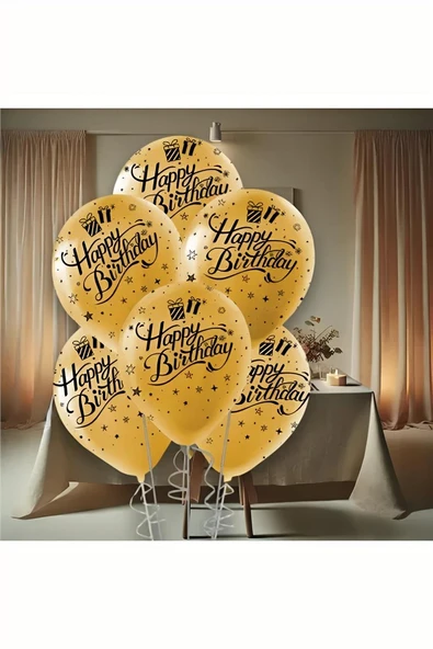 Alsepeteavm Siyah Happy Birthday Baskılı Metalik Altın Balon 12"