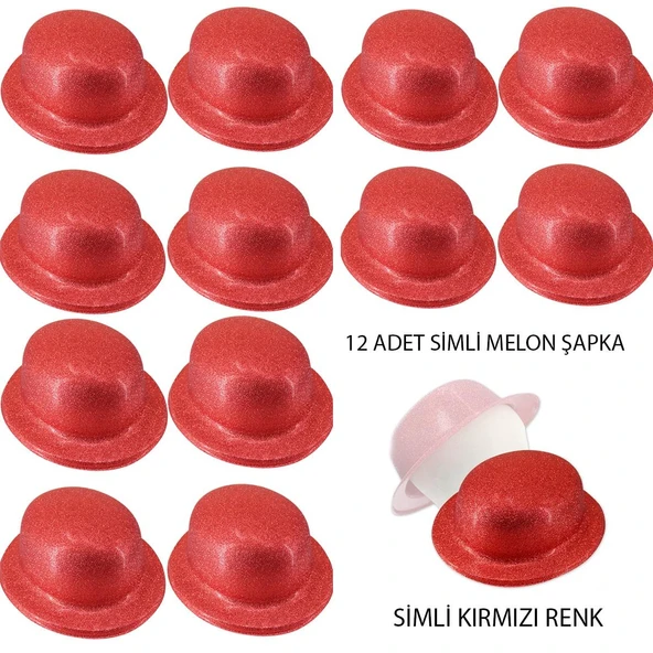 Alsepeteavm Kırmızı Renk Simli Melon Yuvarlak Parti Şapkası 12 Adet