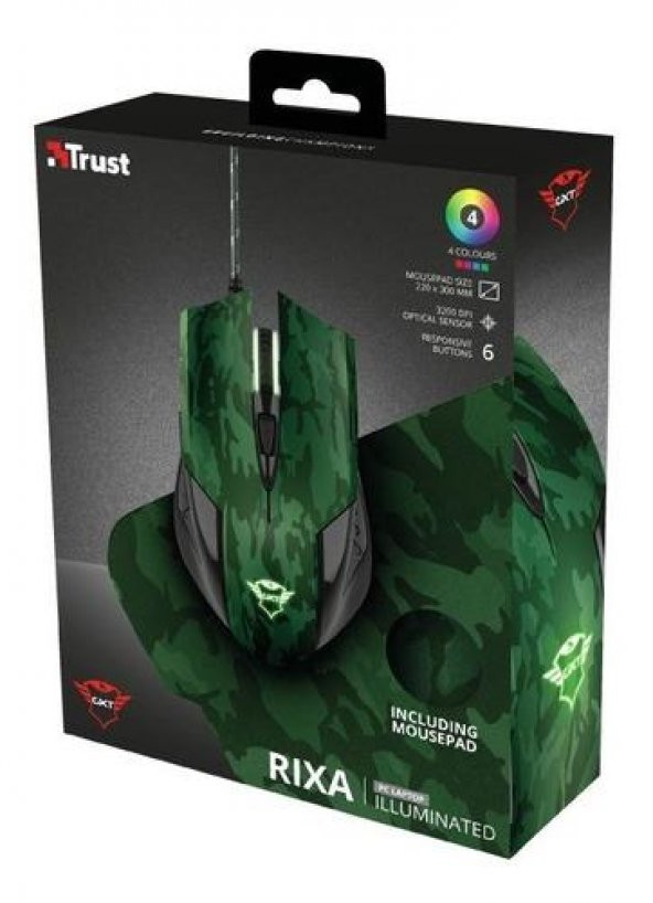 Trust GXT781 Rixa Camo Kablolu Optik Oyuncu Mouse + Mouse Pad