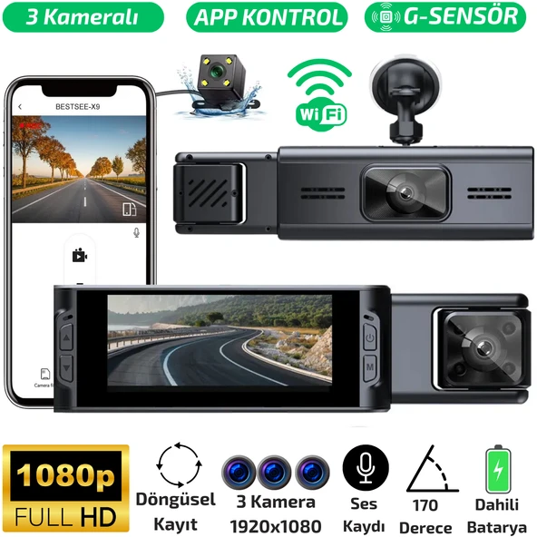 S-18 Wi-Fi Full HD 3 Kameralı Araç İçi Güvenlik Kamerası 64GB – IR Gece Görüşü, Ön-Arka-İç Kayıt,DashCam