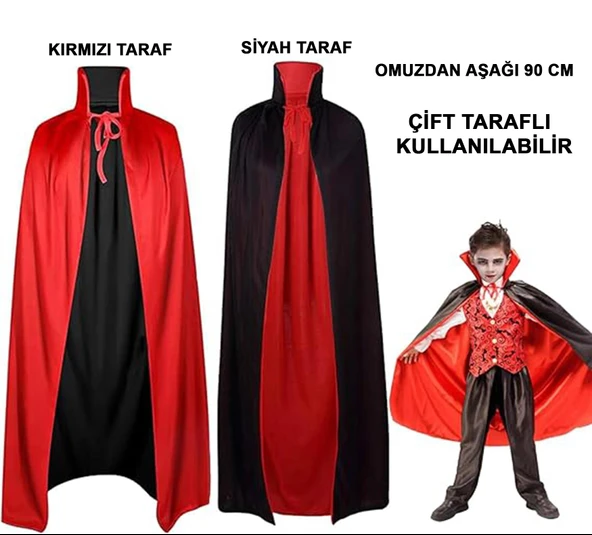 Alsepeteavm Çift Taraflı Kullanılabilir Siyah Kırmızı Yakalı Pelerin 90 cm Çocuk
