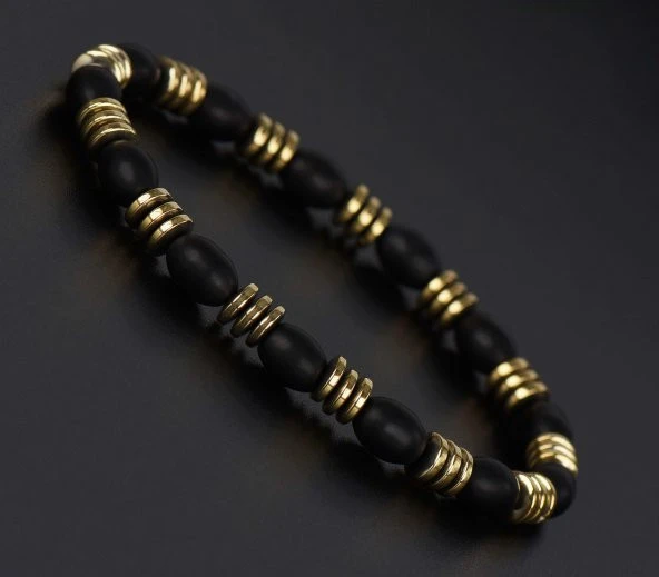 Arpa Kesim Oniks ve Sarı Hematit Doğal Taş Bileklik - TAŞ0200