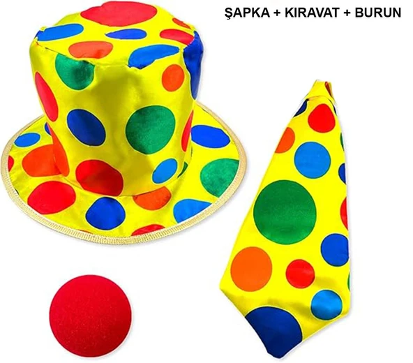 Alsepeteavm Renkli Palyaço Kostüm Seti – 3 Parça Aksesuar (Şapka, Kravat, Burun)