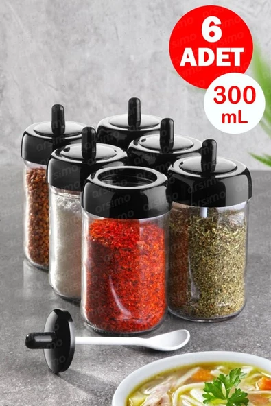 Kendinden Kaşıklı Cam Baharatlık Seti 6 Adet x 300 mL