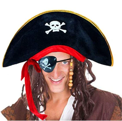 Alsepeteavm Yetişkin Boy Kadife Kaptan Jack Sparrow Korsan Şapkası ve Plastik Korsan Göz Maskesi