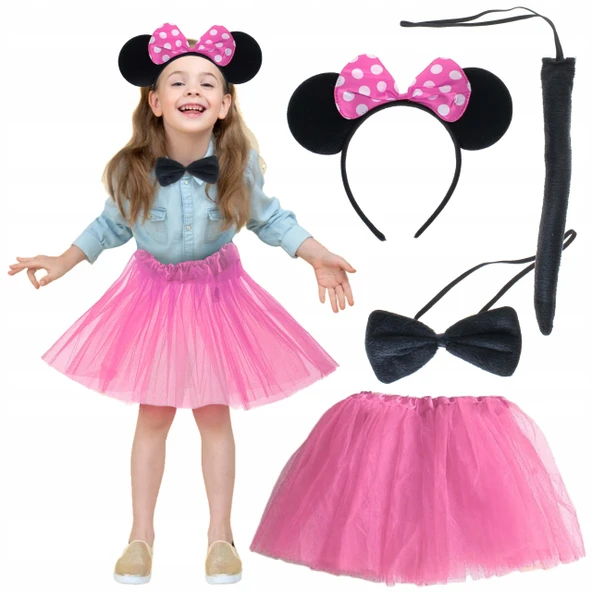 Alsepeteavm Minnie Kostüm Seti (Pembe Tütü Etek + Pembe Taç + Papyon + Kuyruk)