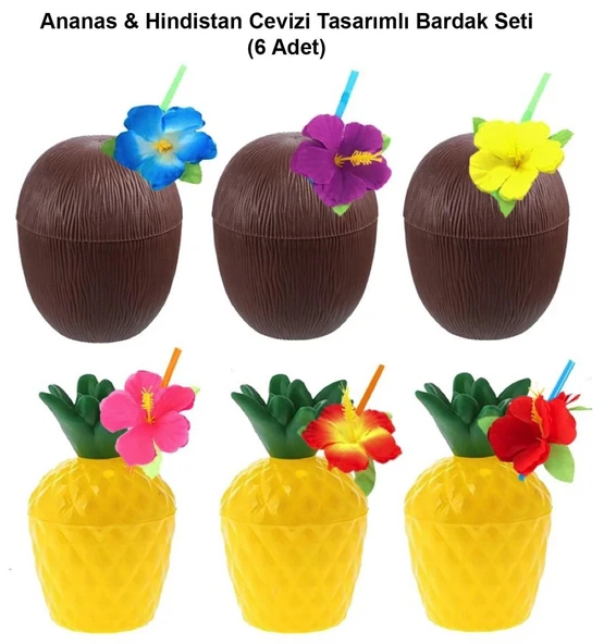 Alsepeteavm Ananas & Hindistan Cevizi Tasarımlı Pipetli Bardak Seti (6 Adet)