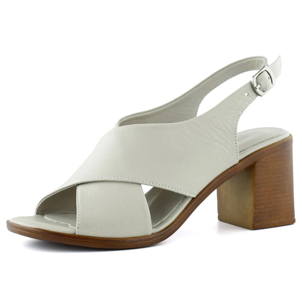 Erkan Saçmacı Soleil Vizon Hakiki Deri Çapraz Bantlı Kalın Topuklu Sandalet